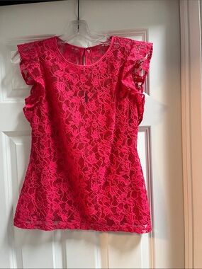 White House Black Market Red Lace Flutter Sleeve Blouse
